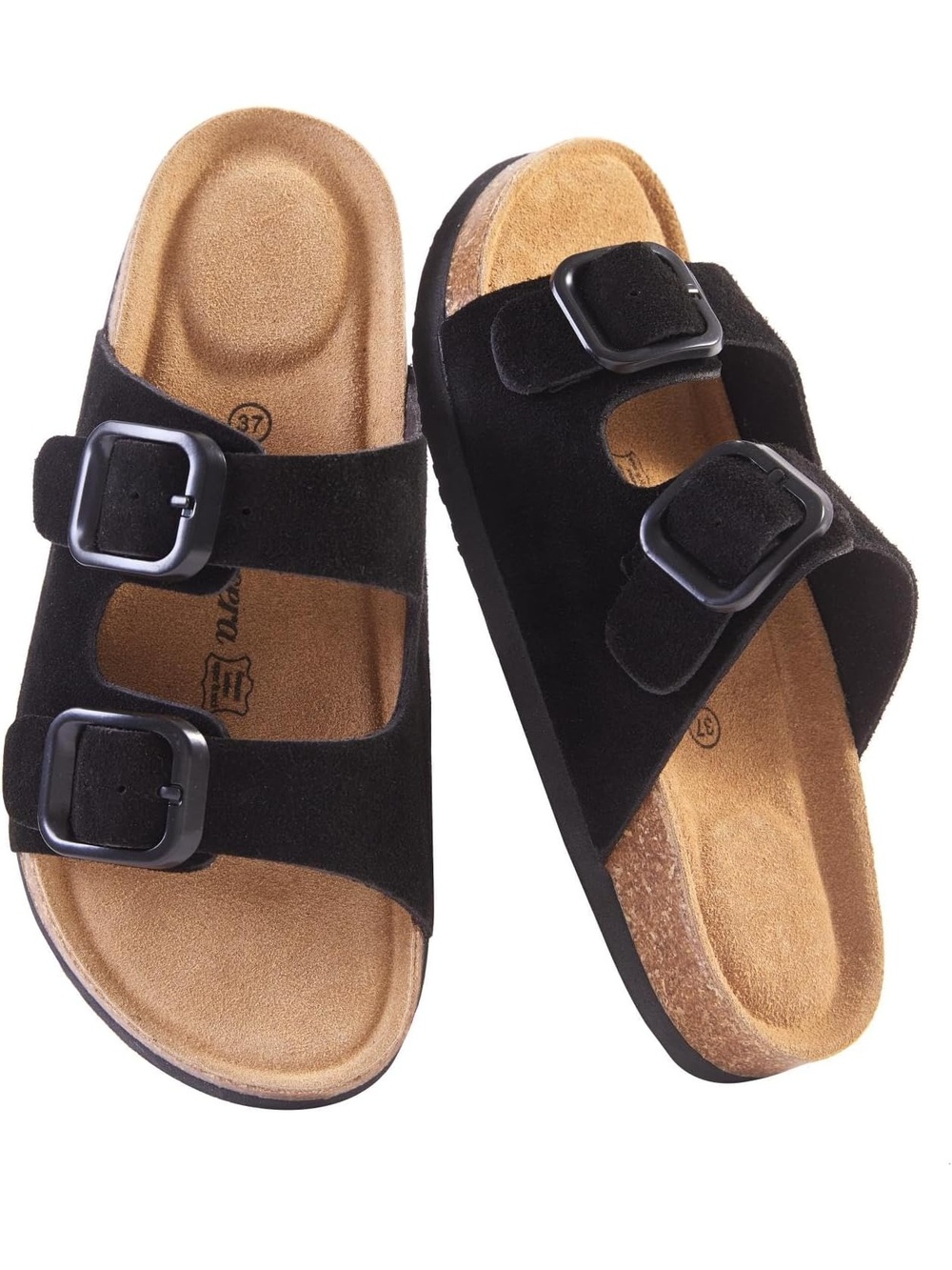 🆕 Women Black Suede Slide Sandals Double Buckle Strap Cork Footbed Shoes